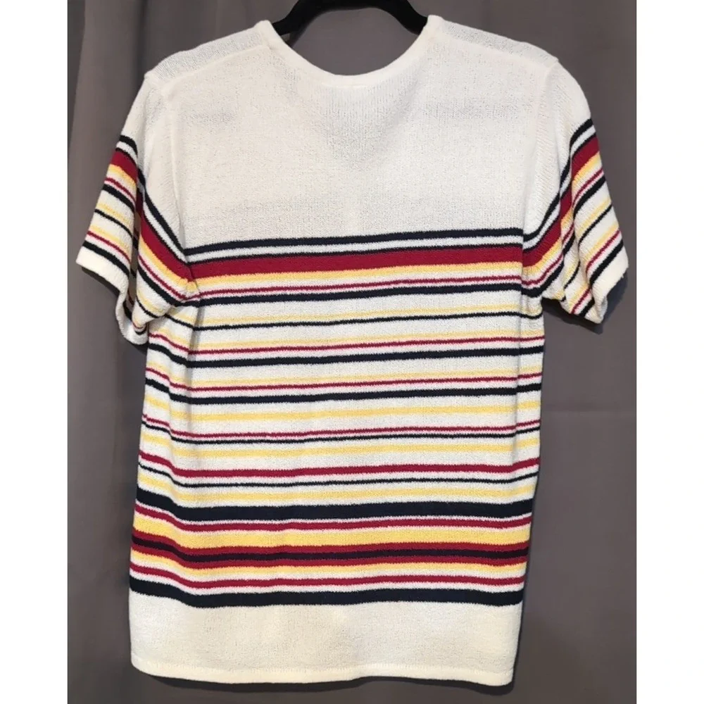 Bobbie Brooks Short Sleeve Striped Knit Cardigan, Cream Red Blue, Women's Large